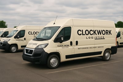 A fleet of Clockwork Logistics vans ready for nationwide delivery service A fleet of Clockwork Logistics vans ready for nationwide delivery service