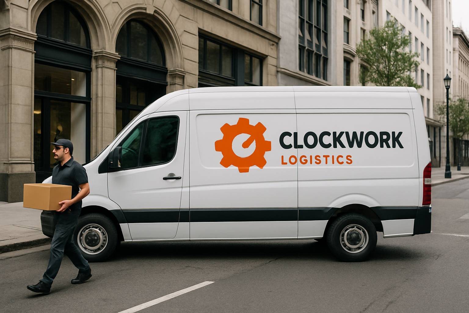 Clockwork Logistics van making a delivery in a city centre