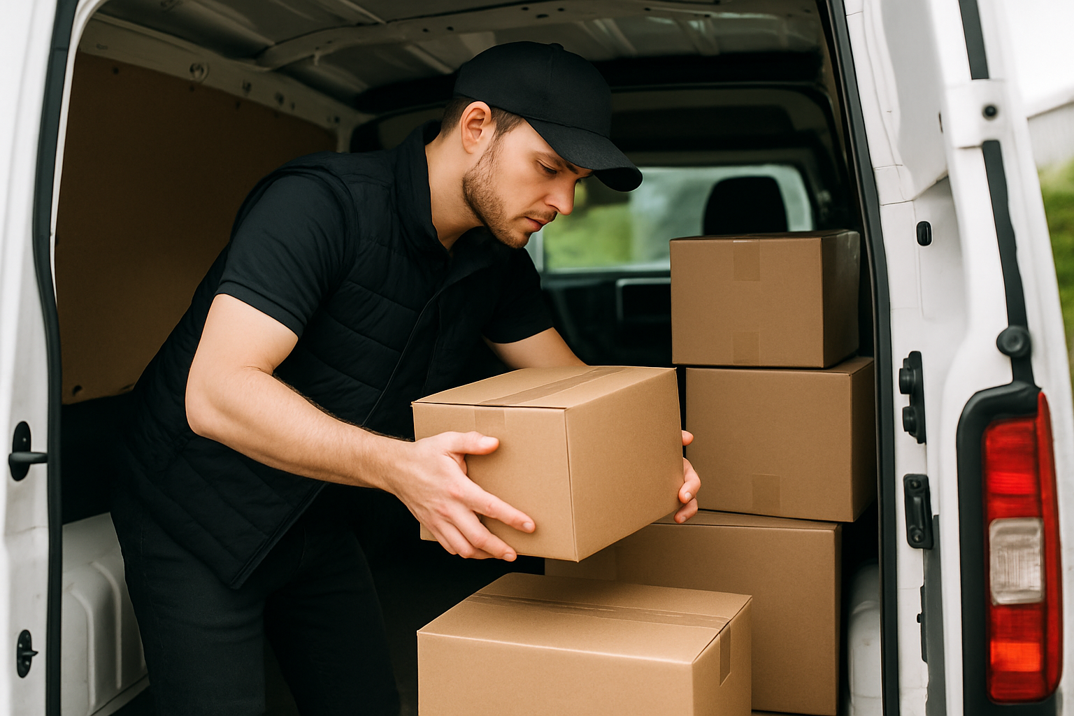 Team member carefully loading parcels into a delivery van
